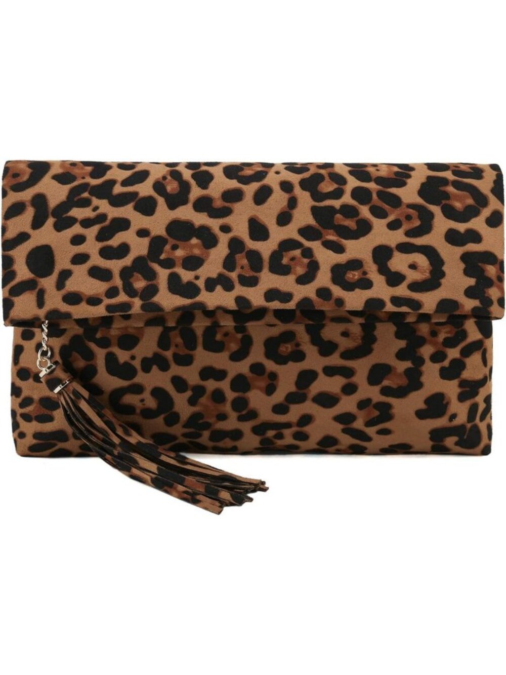 Chic Leopard Print Foldover Clutch Bag with Tassel - Stylish Faux Suede Purse